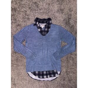 Croft & Barrow Women's Blue V-Neck Sweater w/ Plaid Collared Detail/Under Layer